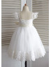 Ivory Lace Tulle Puff Sleeves Knee Length Flower Girl Dress 